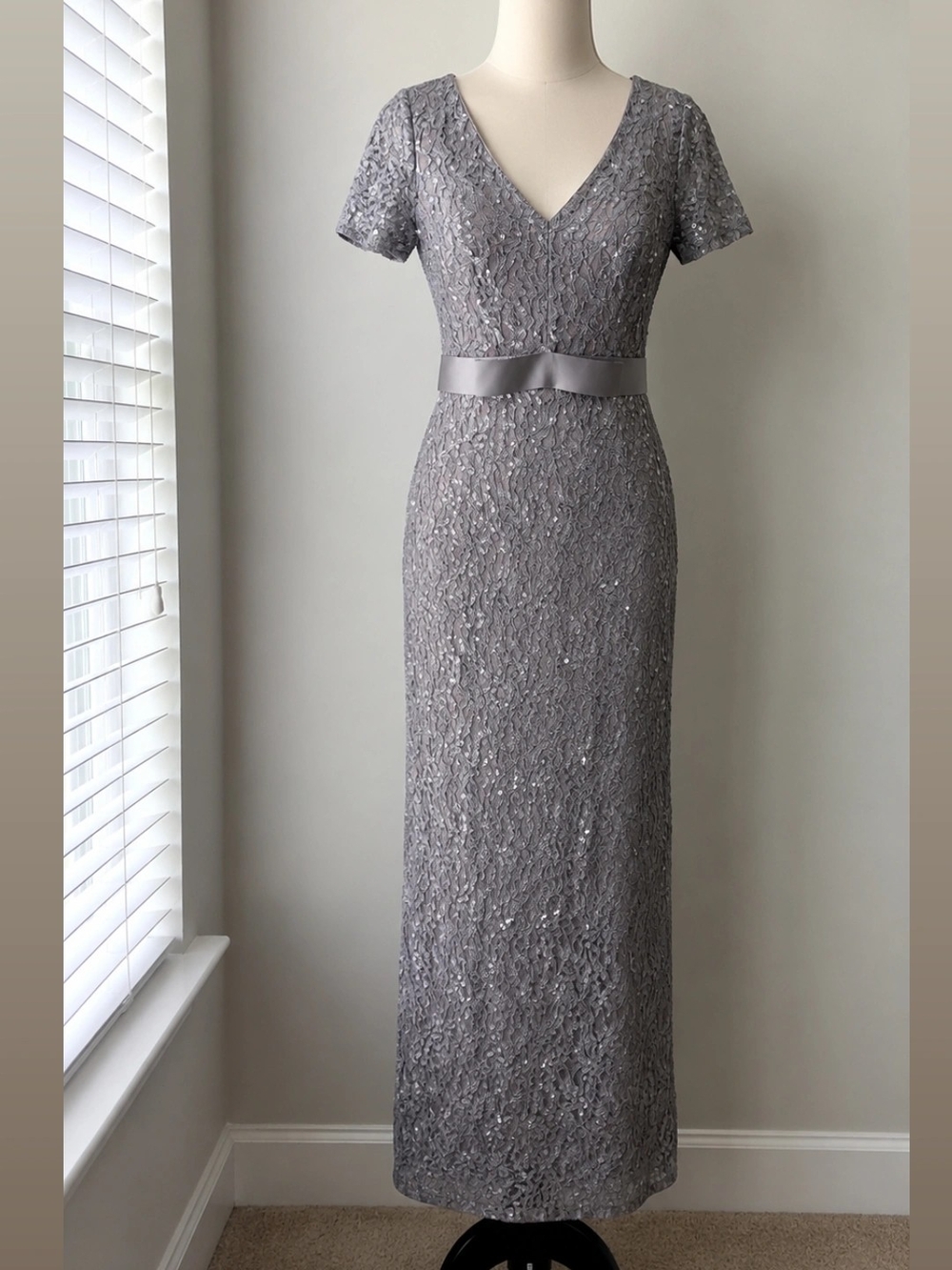 Calvin Klein Silver Lace V-Neck Maxi Dress